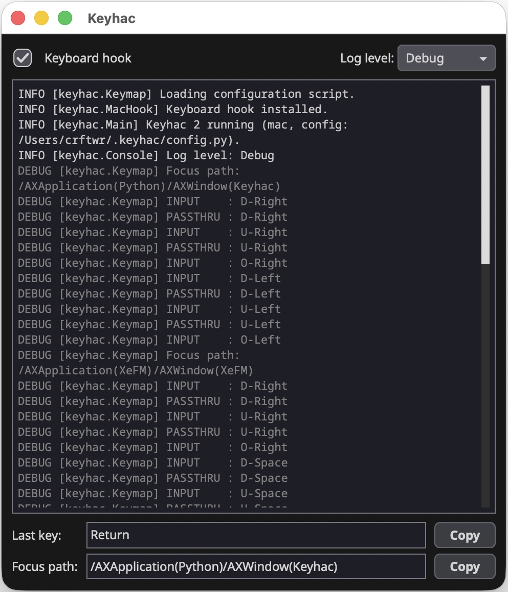 Keyhac console window on macOS: keyboard-hook toggle, log level selector, live key-event log, last-key and focus-path inspector