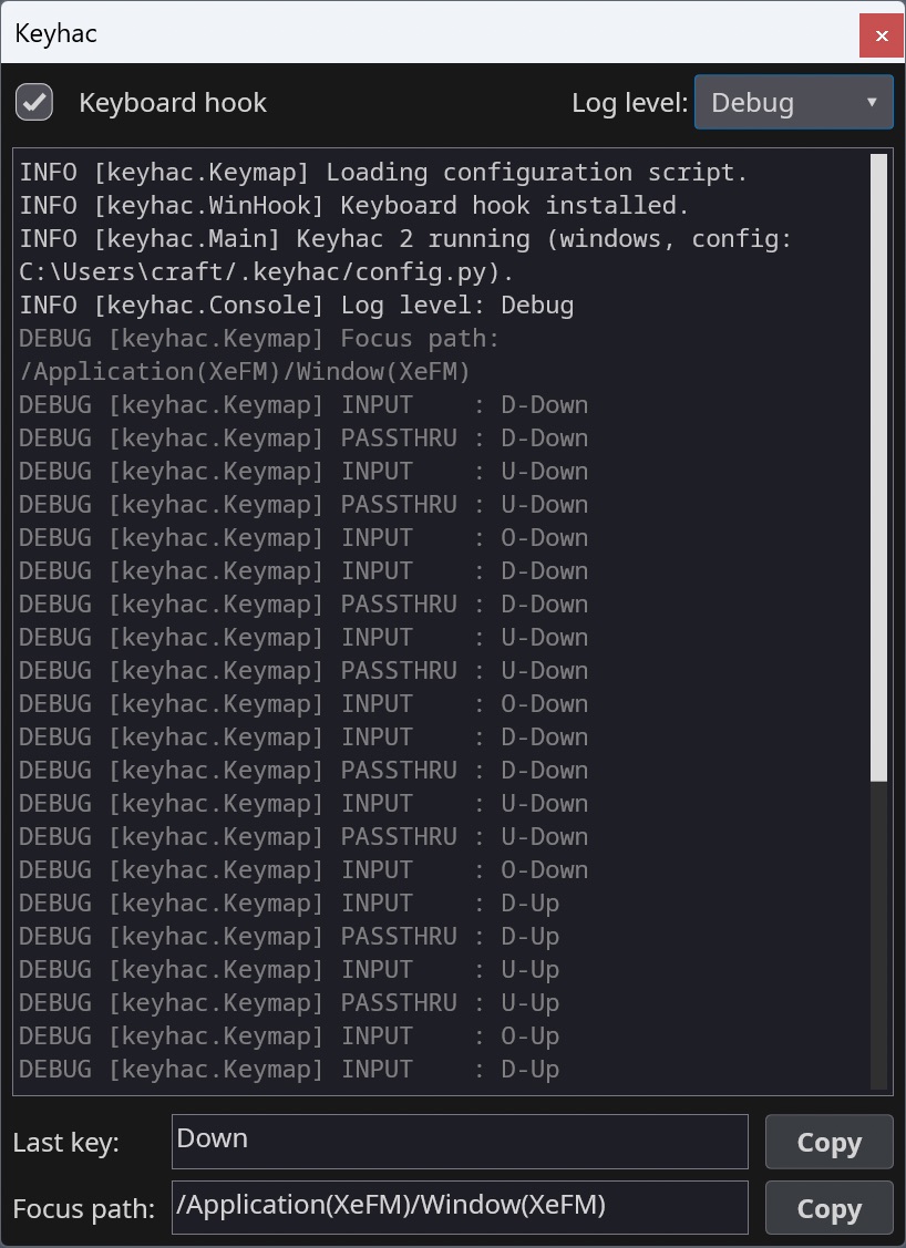 Keyhac console window on Windows: keyboard-hook toggle, log level selector, live key-event log, last-key and focus-path inspector