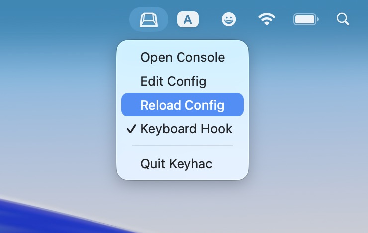 Keyhac menu-bar extra on macOS with its menu open: Open Console, Edit Config, Reload Config, Keyboard Hook, Quit Keyhac