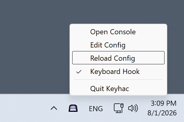 Keyhac task-tray icon on Windows with its menu open: Open Console, Edit Config, Reload Config, Keyboard Hook, Quit Keyhac