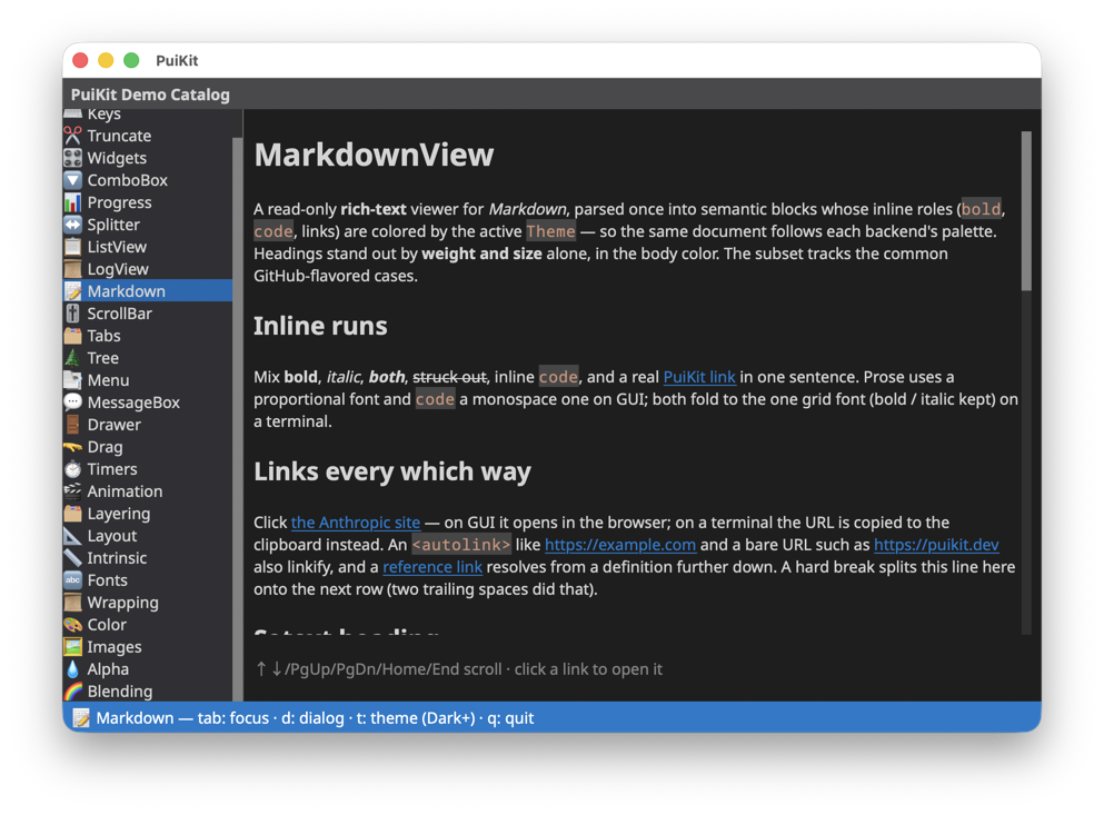 MarkdownView page of the demo catalog on the macOS GUI backend