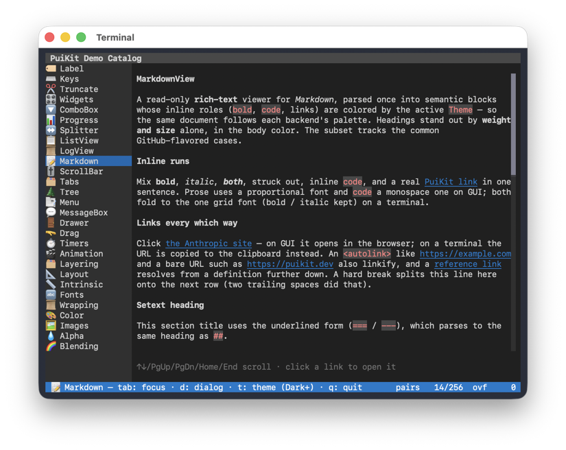 MarkdownView page of the demo catalog on the curses TUI backend