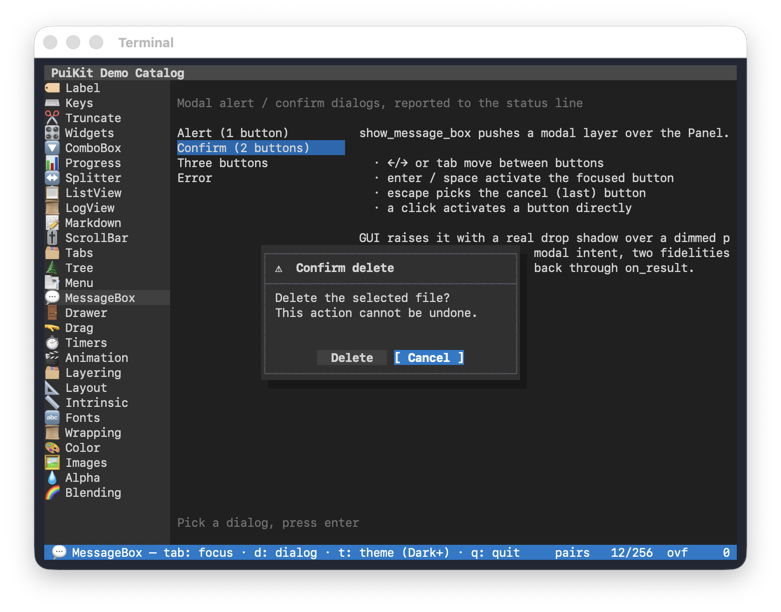 Modal confirm dialog with shadow and dimmed backdrop on the curses TUI backend