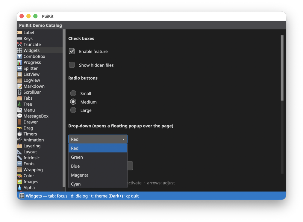 Widgets page of the demo catalog on the macOS GUI backend