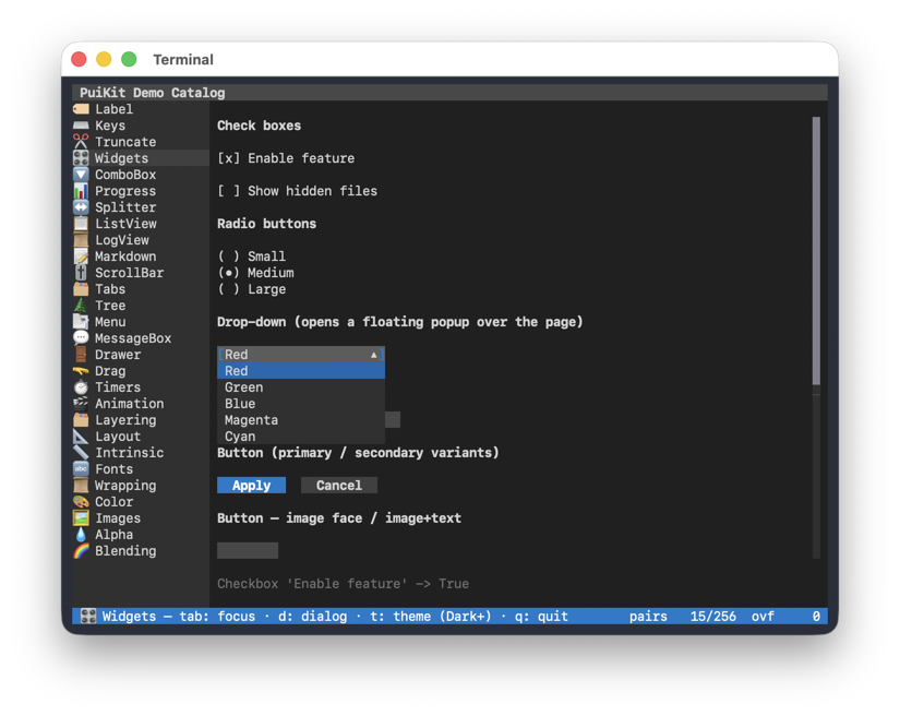 Widgets page of the demo catalog on the curses TUI backend