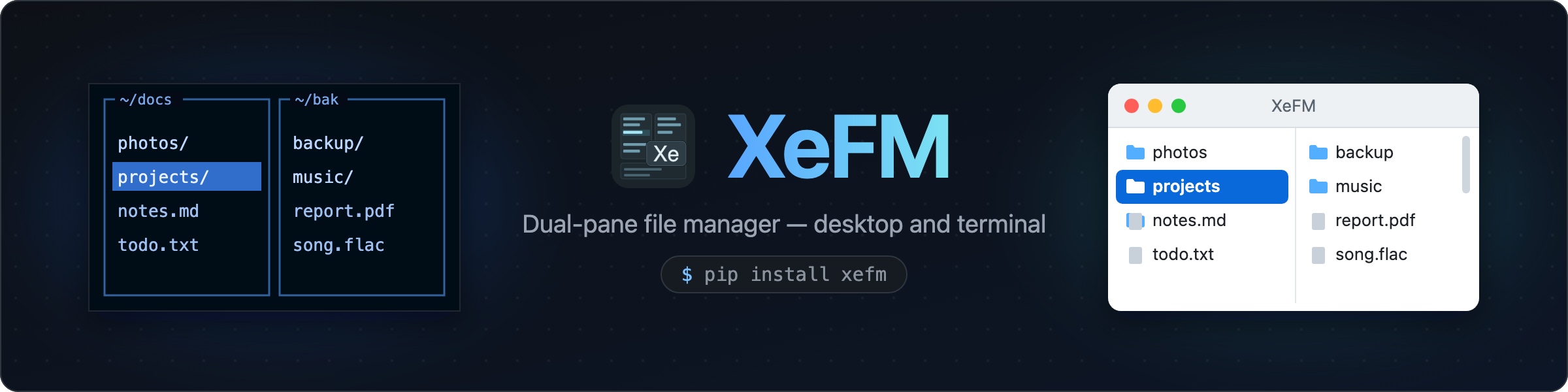 XeFM — dual-pane file manager for the desktop and the terminal